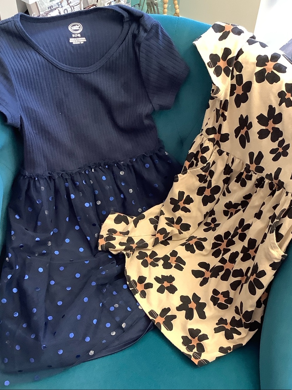 wonder nation Navy Polka Dot Short Sleeve Dress & Cream Floral Dress